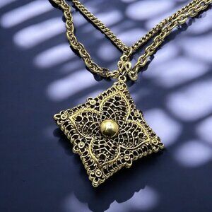 Vintage Double Strand Gold Tone Filigree Pendant Necklace 18”